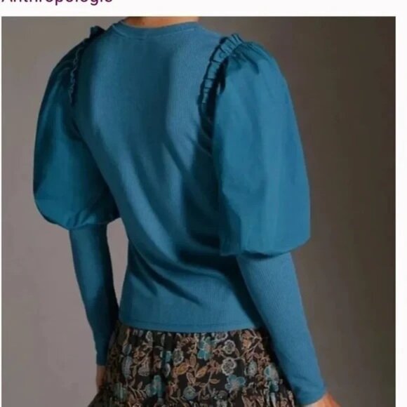 Anthropologie Sunday in Brooklyn Womens Puff Slv ruffle contrast teal top M - Picture 10 of 11